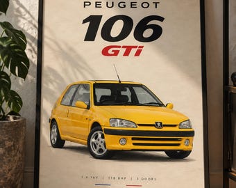 Peugeot 106 GTi Poster, gelbes Oldtimer-Wandbild, Vintage-Druck eines französischen Kompaktsportwagens