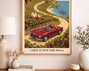 Plakat vintage Lancia Aurelia – włoski samochód nadmorski, dekoracja ścienna