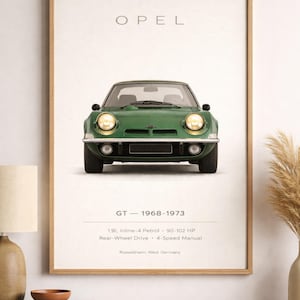 May include: A framed print of a green Opel GT car from 1968-1973. The print details the car's specifications: 1.9L Inline-4 Petrol, 90-102 HP, Rear-Wheel Drive, and 4-Speed Manual. The word "OPEL" is at the top of the print.