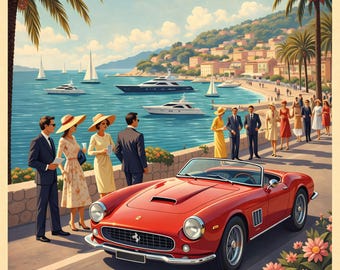 Sztuka ścienna w stylu vintage z Lazurowego Wybrzeża, luksusowy plakat podróżniczy z motywem nadmorskim, wystrój w stylu śródziemnomorskim w stylu retro, pobieranie cyfrowe