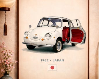 Plakat z zabytkowym samochodem Subaru 360 – sztuka ścienna z Japonii z 1962 roku