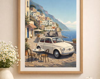 Vintage Italienische Küste Druck, Oldtimer Reise Poster, mediterrane Wandkunst