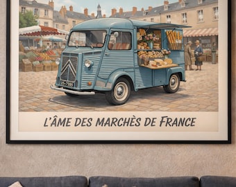 Plakat Citroën Type H – sztuka ścienna na targu francuskim, wydruk na zabytkowym samochodzie