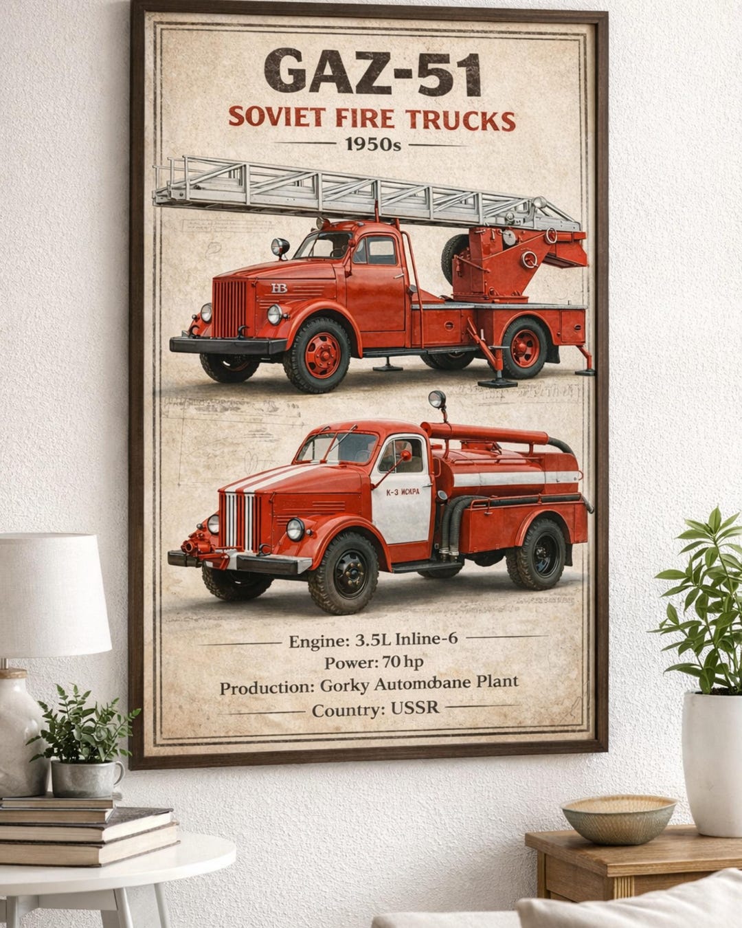 Sovjet Fire Engine GAZ-51 Soviet Fire Truck Poster | Vintage USSR Fire Engine Wall Art ...
