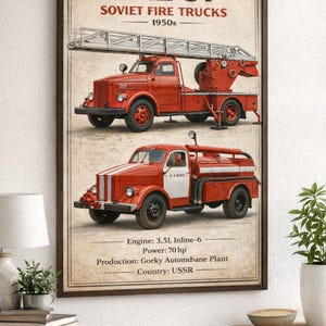 Puede incluir: Un póster enmarcado con dos camiones de bomberos soviéticos GAZ-51 vintage de la década de 1950. El camión superior tiene una escalera, el inferior un depósito de agua. El texto detalla el motor, la potencia, la producción y el país de origen.