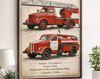 Plakat z radzieckim wozem strażackim GAZ-51 | Sztuka ścienna z radzieckim wozem strażackim | Retro wydruk ciężarówki