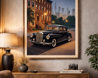 Vintage Nachtstadt Kunstdruck, Oldtimer Poster (Digitaler Download)
