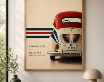 Renault 4CV Poster | Vintage French Car Wall Art | Classic Automotive Print