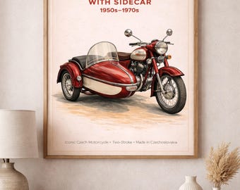 Plakat przedstawiający zabytkowy motocykl JAWA 350 z wózkiem bocznym