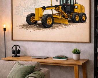 CAT 140 M Motor Grader Poster | Baumaschinen Wandkunst | Schwere Maschinen Blueprint Druck