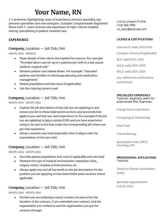 Registered Nurse -experienced (RN) - Resume Template - Etsy