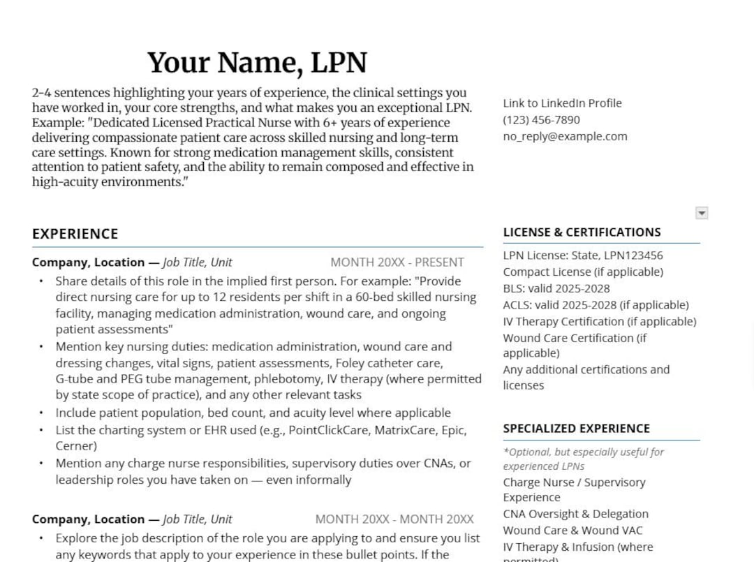 Lps Resume Example Experienced LPN Resume Template & Instructions Guide - Etsy