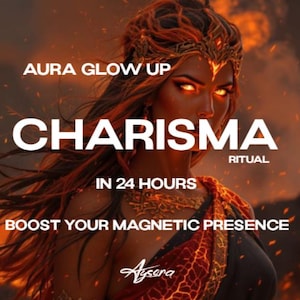 Peut inclure: Image numérique d'une femme aux cheveux roux flamboyants et aux yeux orange lumineux. Le texte "AURA GLOW UP", "CHARISMA", "RITUAL", "IN 24 HOURS" et "BOOST YOUR MAGNETIC PRESENCE" est inclus.