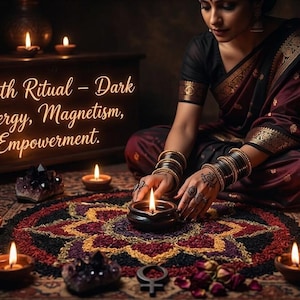 Peut inclure: Une femme en sari bordeaux avec des bordures dorées est assise sur un tapis à motifs, entourée de bougies allumées et de cristaux. Le texte "Lilith Ritual - Dark Energy, Magnetism, Empowerment" est affiché.