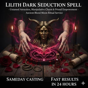 Op de afbeelding: Een afbeelding met de tekst "LILITH DARK SEDUCTION SPELL". De afbeelding toont een gouden standbeeld, kaarsen, rollen en een rituele tafel met een pentagram. De woorden "SAMEDAY CASTING" en "FAST RESULTS IN 24 HOURS" zijn ook zichtbaar.