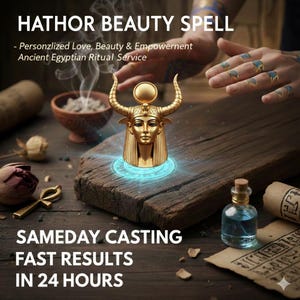 Pode incluir: Uma estátua dourada de Hathor com chifres e um disco solar, iluminada por um brilho azul, está sobre uma superfície de madeira. O texto "HATHOR BEAUTY SPELL" e "SAMEDAY CASTING FAST RESULTS IN 24 HOURS" é visível. Uma pequena garrafa e pergaminhos antigos também estão presentes.