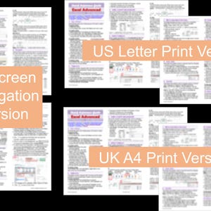 May include: Several documents titled "Excel Advanced" are displayed, with labels such as "Onscreen Navigation Version," "US Letter Print Version," and "UK A4 Print Version." The documents contain text and diagrams.