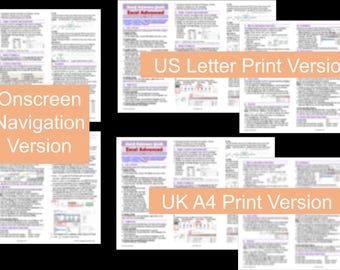 May include: A collection of documents labeled "Excel Advanced" with various versions, including "Onscreen Navigation Version," "US Letter Print Version," and "UK A4 Print Version." The documents feature text and diagrams.