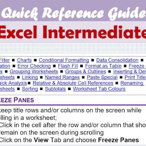 Puede incluir: Una guía de referencia titulada "Guía de referencia rápida Excel Intermedio" con una lista de funciones de Excel. La guía incluye instrucciones sobre cómo inmovilizar paneles.