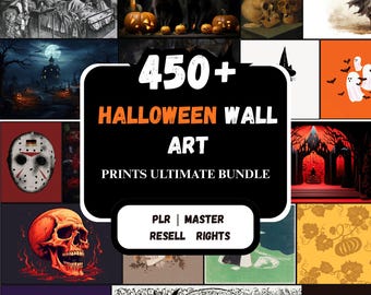 May include: A digital collection of 450+ Halloween wall art prints featuring various spooky themes including black cats, pumpkins, skulls, ghosts, and haunted houses, presented as a bundle with master resell rights and PLR text overlay.
