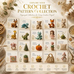 May include: A collection of crochet patterns featuring twenty square cards with images of animals, dolls, and objects like a pumpkin, flower, and handbag. The text reads Explore Your Crochet Pattern Collection and Organized Collections for Every Creative Project.