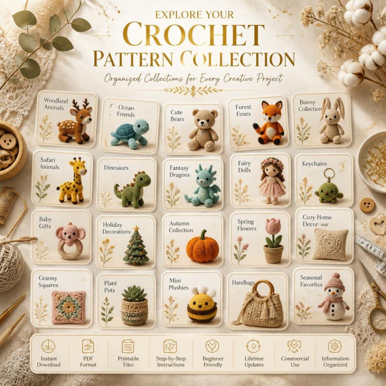 May include: A collection of crochet patterns featuring twenty square cards with images of animals, dolls, and objects like a pumpkin, flower, and handbag. The text reads Explore Your Crochet Pattern Collection and Organized Collections for Every Creative Project.