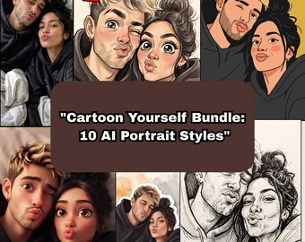 May include: A digital art collection titled Cartoon Yourself Bundle: 10 AI Portrait Styles, featuring various illustrated versions of a couple in hoodies, including colored cartoon, sketch, and 3D rendered styles based on a reference photo.