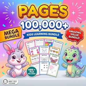 May include: A digital kids learning bundle featuring 100,000+ pages with educational worksheets like letter practice, number tracing, and mazes. The graphic includes a cartoon rabbit and a green dinosaur on a colorful background with text.