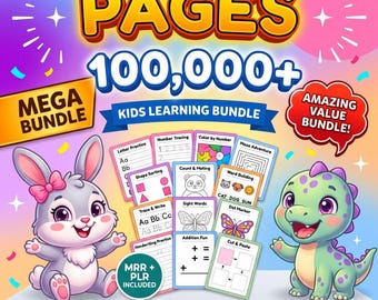 May include: A digital kids learning bundle featuring 100,000+ pages with educational worksheets like letter practice, number tracing, and mazes. The graphic includes a cartoon rabbit and a green dinosaur on a colorful background with text.
