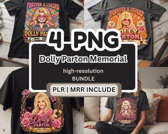 May include: A bundle of four black and charcoal gray t-shirts featuring graphic prints of Dolly Parton. The designs include the text Forever a Legend, Dolly Parton, and the years 1946-2026, decorated with colorful retro sunbursts, flowers, and guitars.