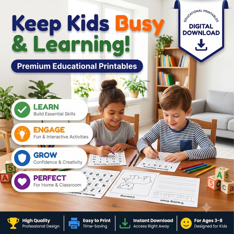 May include: A set of educational printable activity sheets for children, featuring number matching, coloring, and tracing exercises. The sheets are displayed on a wooden table alongside colored pencils and wooden alphabet blocks for learning.