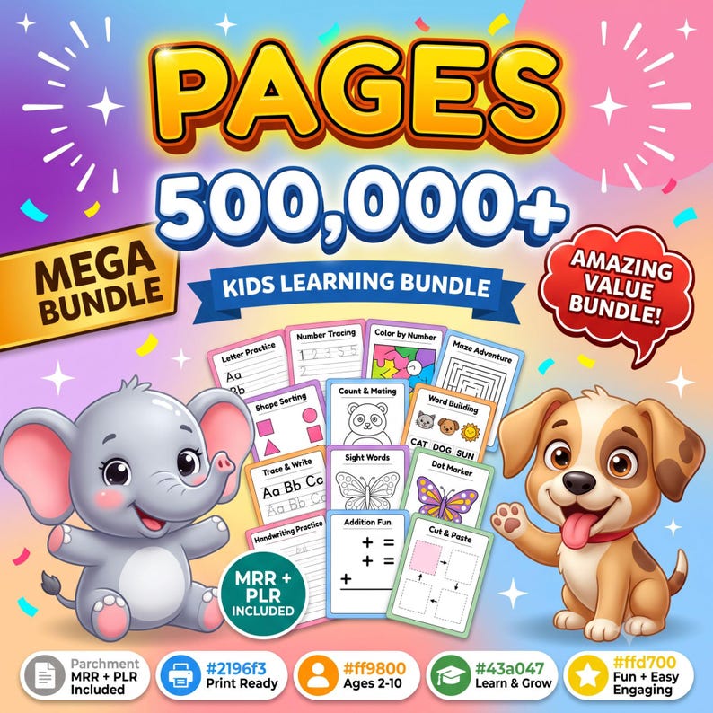 May include: A digital kids learning bundle featuring 500,000+ pages with educational activities like letter practice, number tracing, and mazes. The graphic includes a cartoon elephant and puppy, with text stating MRR + PLR INCLUDED.