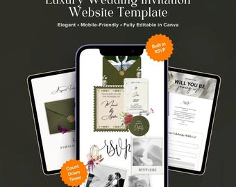 May include: A digital wedding invitation website template displayed on three mobile devices. The screens feature text including Luxury Wedding Invitation Website Template, Built in RSVP, Count Down Timer, and Will You Be Joining Us, with floral graphics and photos.