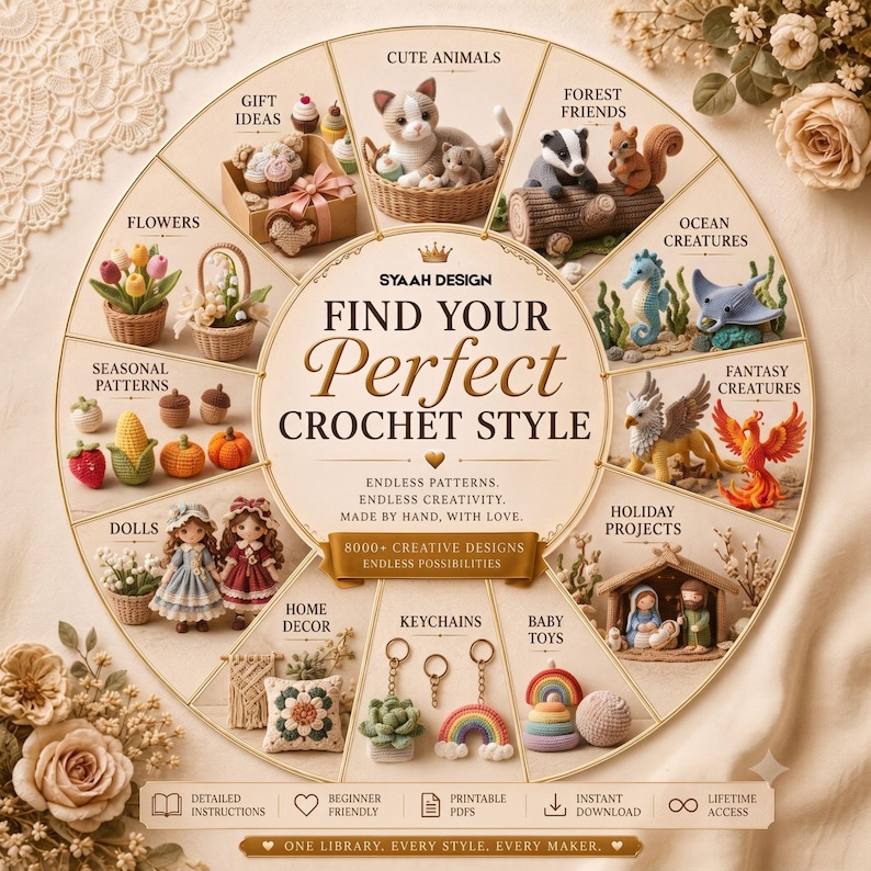 May include: A circular infographic titled SYAAH DESIGN FIND YOUR PERFECT CROCHET STYLE featuring various crochet categories including cute animals, forest friends, ocean creatures, fantasy creatures, holiday projects, baby toys, keychains, home decor, dolls, seasonal patterns, flowers, and gift ideas with descriptive text and icons.