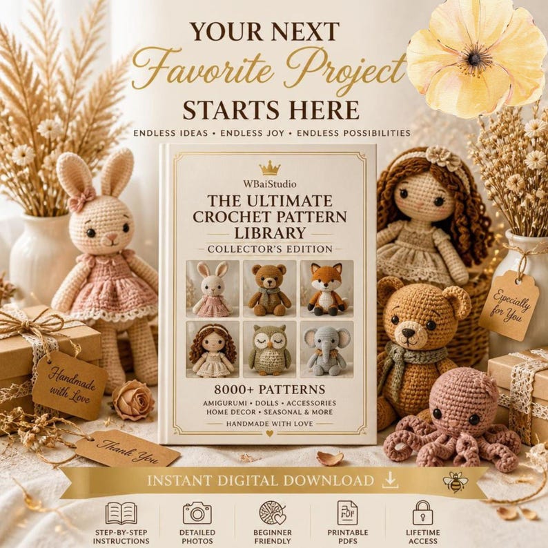 May include: A digital product cover titled The Ultimate Crochet Pattern Library Collector's Edition by WBaiStudio, featuring 8000+ patterns. The cover displays images of crocheted animals and dolls, surrounded by crocheted toys and gift boxes.