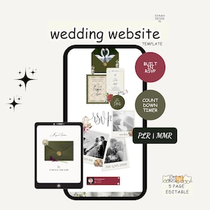 May include: A digital wedding website template displayed on a smartphone and tablet screen. The design features an envelope graphic, RSVP text, countdown timer, and photo frames. Text includes wedding website template, built in RSVP, count down timer, PLR | MMR, and 5 page editable.