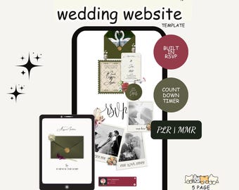 May include: A digital wedding website template displayed on a smartphone and tablet screen. The design features an envelope graphic, RSVP text, countdown timer, and photo frames. Text includes wedding website template, built in RSVP, count down timer, PLR | MMR, and 5 page editable.