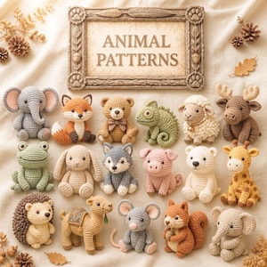 May include: A collection of seventeen small crocheted animal figures including an elephant, fox, bear, chameleon, sheep, moose, frog, rabbit, wolf, pig, polar bear, giraffe, hedgehog, camel, mouse, squirrel, and a second elephant, with a sign reading ANIMAL PATTERNS.