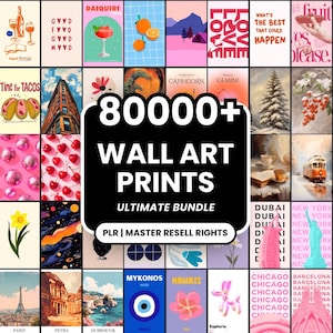 Puede incluir: Un collage digital de más de 80000 impresiones de arte mural con diversas ilustraciones, carteles de viajes, signos del zodiaco, gráficos de comida y diseños abstractos. El cuadro de texto central dice 80000+ WALL ART PRINTS ULTIMATE BUNDLE.