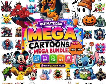 May include: A digital collection of cartoon character graphics featuring Scooby-Doo, Mickey Mouse, Stitch, Spider-Man, and Hulk. The central text reads ULTIMATE DEAL MEGA CARTOONS MEGA BUNDLE with icons for PNG, SVG, DXF, EPS, and DTF file formats.