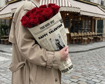 Custom Newspaper Flower Wrap Template | Editable Paper | DIY Gift For Girlfriend | Personalized Love Letter Wrap | Canva Download