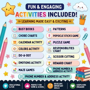 May include: A digital educational activity list featuring the text FUN & ENGAGING ACTIVITIES INCLUDED! and LEARNING MADE EASY & EXCITING. The list includes busy books, chore charts, patterns, puzzle games, and reward charts, decorated with colorful pencils, stars, and books.