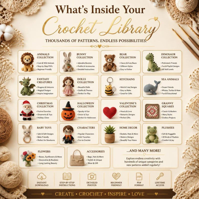 May include: A digital information sheet titled What's Inside Your Crochet Library, featuring a grid of twenty categories of crochet projects including animals, dolls, holiday themes, and home decor, with icons for instant download and PDF access.