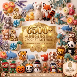 May include: A collection of various amigurumi crochet figures including animals, mythical creatures, and holiday characters surrounding a central gold plaque with the text 6500+ AMIGURUMI CROCHET PATTERNS THE PREMIUM DIGITAL COLLECTION.