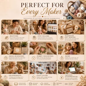 May include: A multi-panel infographic titled PERFECT FOR Every Maker, featuring various crochet projects including stuffed animals, granny squares, and gift boxes. The layout includes nine distinct sections with icons and text describing crochet activities.