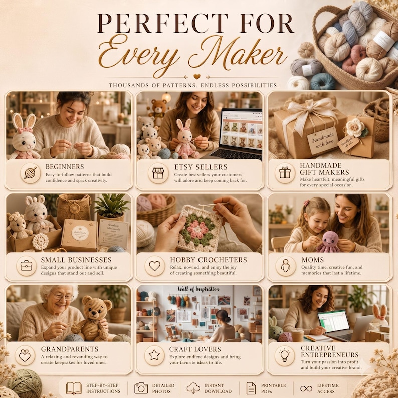 May include: A multi-panel infographic titled PERFECT FOR Every Maker, featuring various crochet projects including stuffed animals, granny squares, and gift boxes. The layout includes nine distinct sections with icons and text describing crochet activities.
