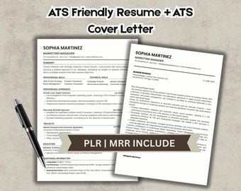 May include: A digital document set featuring an ATS Friendly Resume and ATS Cover Letter for a Marketing Manager named Sophia Martinez, accompanied by a black pen and a brown banner with the white text PLR | MRR INCLUDE on a textured background.