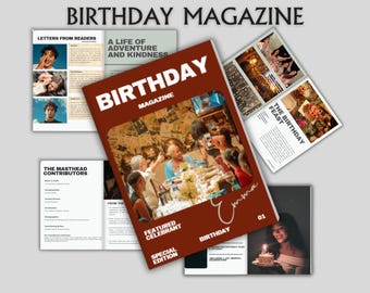 May include: A collection of magazines with the title "BIRTHDAY MAGAZINE" in white text on a brown cover. The cover features a photo of a birthday celebration. Other magazine pages include text and photos. The text includes "LETTERS FROM READERS" and "THE BIRTHDAY FEAST".