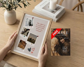 May include: A framed photo collage with four pictures, a quote, and heart drawings. A magazine with the text "COUPLE MAGAZINE" and "LOV IN EVERY DETAIL" is on the right. A vase of flowers, books, and a candle are on the table.