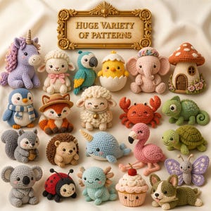 May include: A collection of twenty-one small, crocheted stuffed animals and figures, including a unicorn, sheep, parrot, chick, elephant, mushroom house, penguin, fox, crab, chameleon, squirrel, hedgehog, narwhal, flamingo, turtle, koala, ladybug, axolotl, cupcake, and butterfly, with a gold sign reading HUGE VARIETY OF PATTERNS.